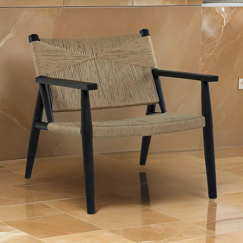 Fauteuil d'appoint, bois noir, jute naturelle tressée à la main, pieds fuselés