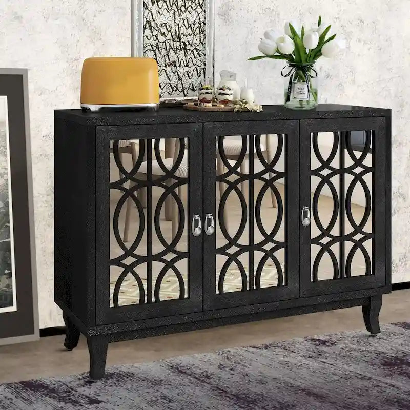Buffet en bois et miroir avec portes miroir géométriques et pieds incurvés