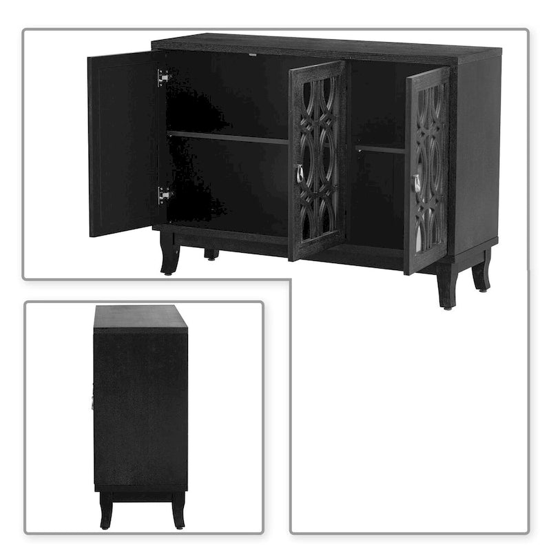 Buffet en bois et miroir avec portes miroir géométriques et pieds incurvés