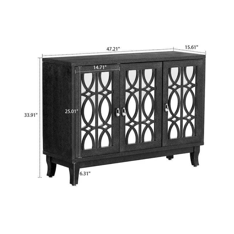 Buffet en bois et miroir avec portes miroir géométriques et pieds incurvés