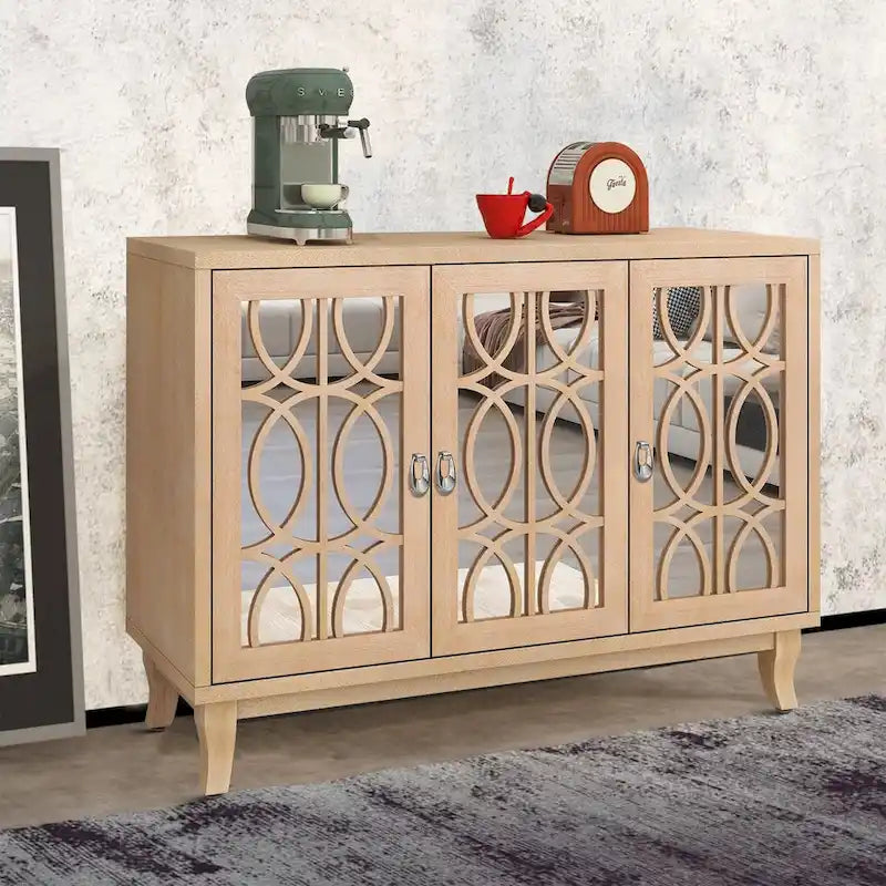 Buffet en bois et miroir avec portes miroir géométriques et pieds incurvés