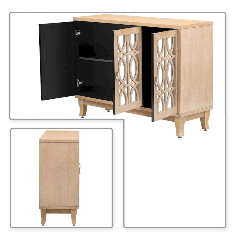 Buffet en bois et miroir avec portes miroir géométriques et pieds incurvés