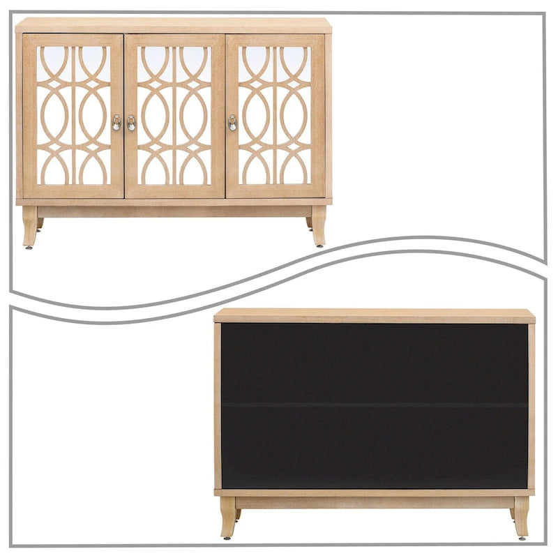 Buffet en bois et miroir avec portes miroir géométriques et pieds incurvés