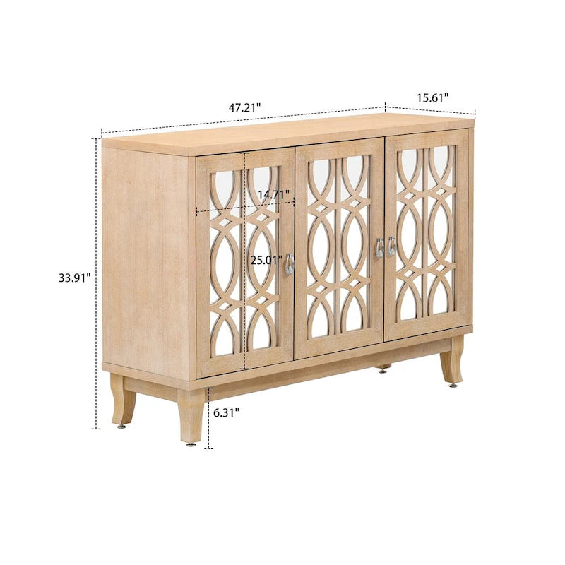 Buffet en bois et miroir avec portes miroir géométriques et pieds incurvés