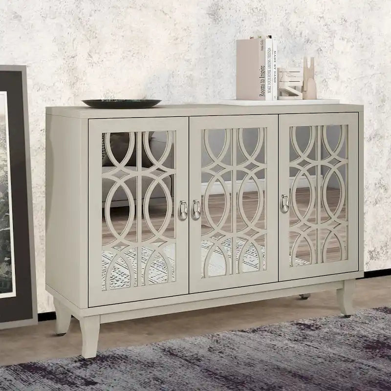 Buffet en bois et miroir avec portes miroir géométriques et pieds incurvés