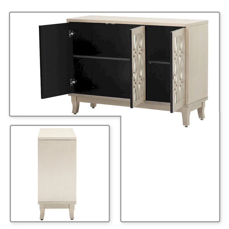 Buffet en bois et miroir avec portes miroir géométriques et pieds incurvés