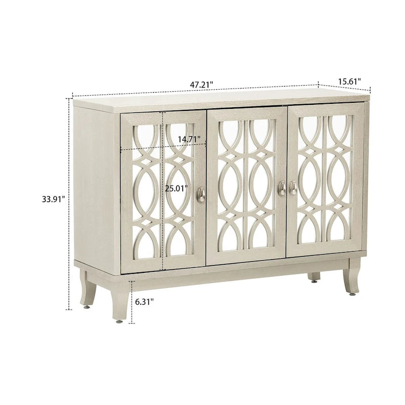 Buffet en bois et miroir avec portes miroir géométriques et pieds incurvés