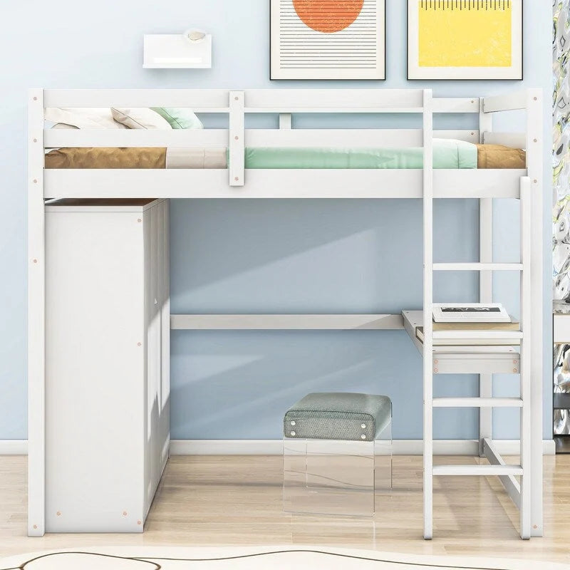 Lit mezzanine double en bois blanc avec armoire, bureau et tiroirs