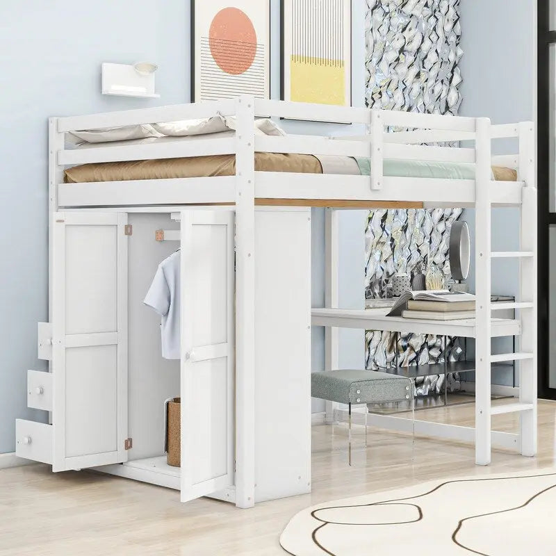 Lit mezzanine double en bois blanc avec armoire, bureau et tiroirs