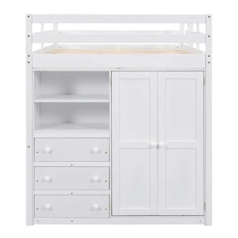Lit mezzanine double en bois blanc avec armoire, bureau et tiroirs