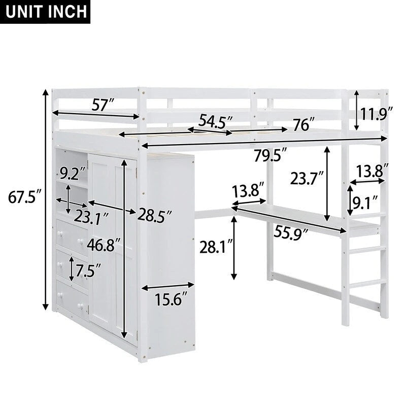 Lit mezzanine double en bois blanc avec armoire, bureau et tiroirs