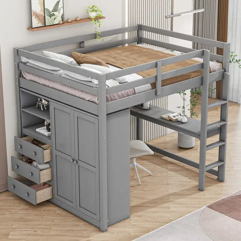 Lit mezzanine double en bois blanc avec armoire, bureau et tiroirs
