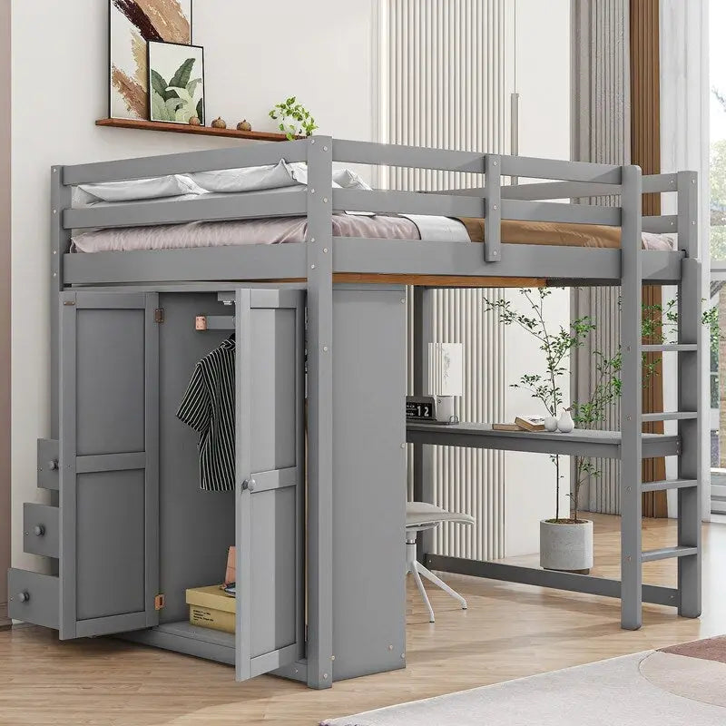 Lit mezzanine double en bois blanc avec armoire, bureau et tiroirs