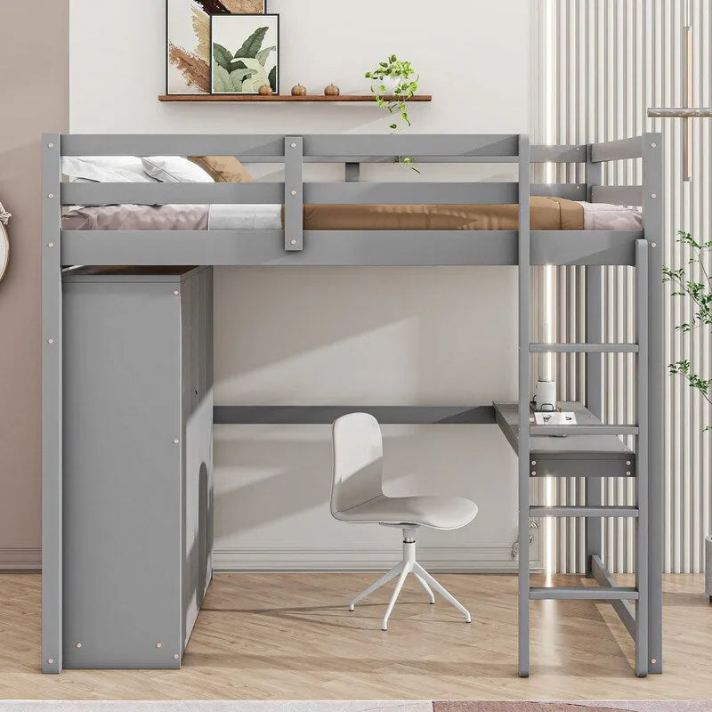 Lit mezzanine double en bois blanc avec armoire, bureau et tiroirs