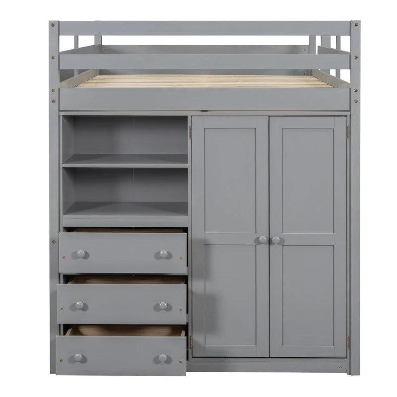Lit mezzanine double en bois blanc avec armoire, bureau et tiroirs