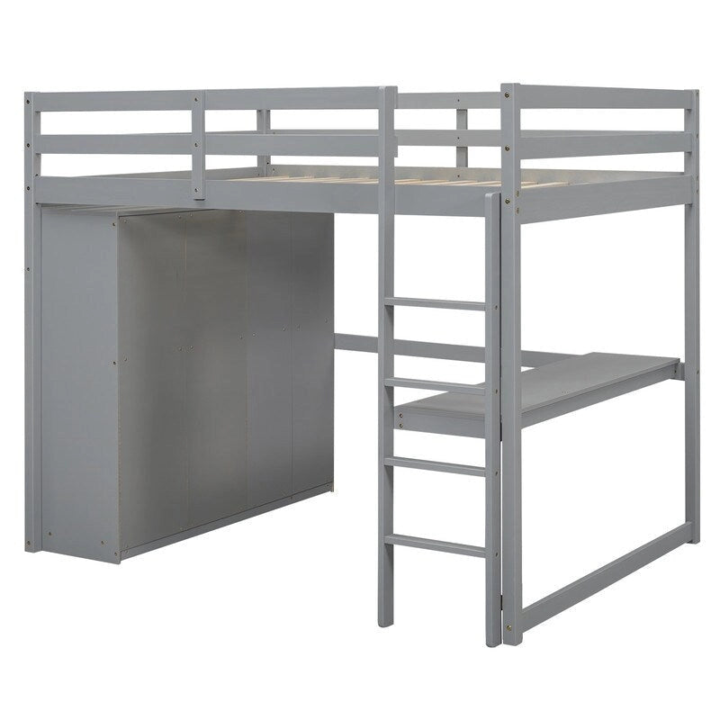 Lit mezzanine double en bois blanc avec armoire, bureau et tiroirs