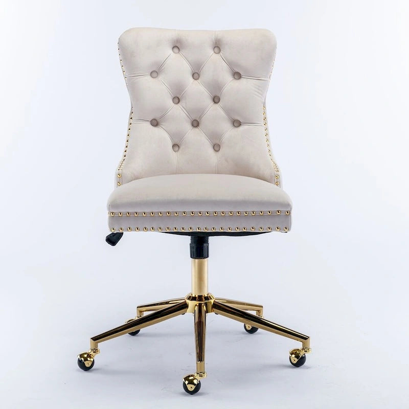 Chaise de bureau pivotante en velours capitonné avec hauteur réglable et base dorée