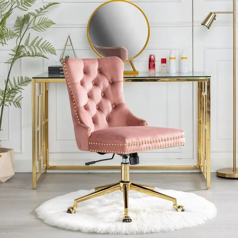 Chaise de bureau pivotante en velours capitonné avec hauteur réglable et base dorée