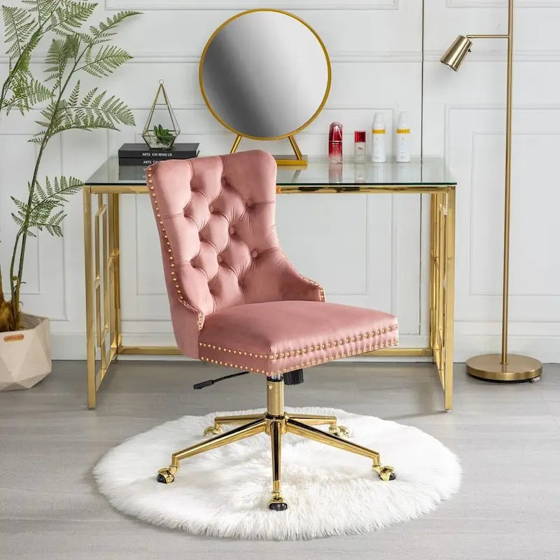 Chaise de bureau pivotante en velours capitonné avec hauteur réglable et base dorée
