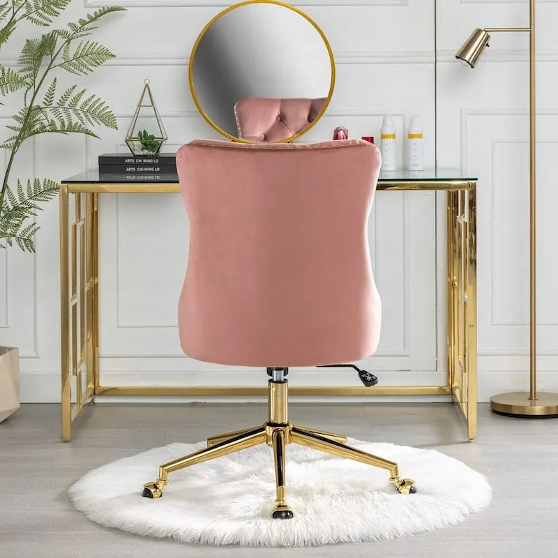 Chaise de bureau pivotante en velours capitonné avec hauteur réglable et base dorée