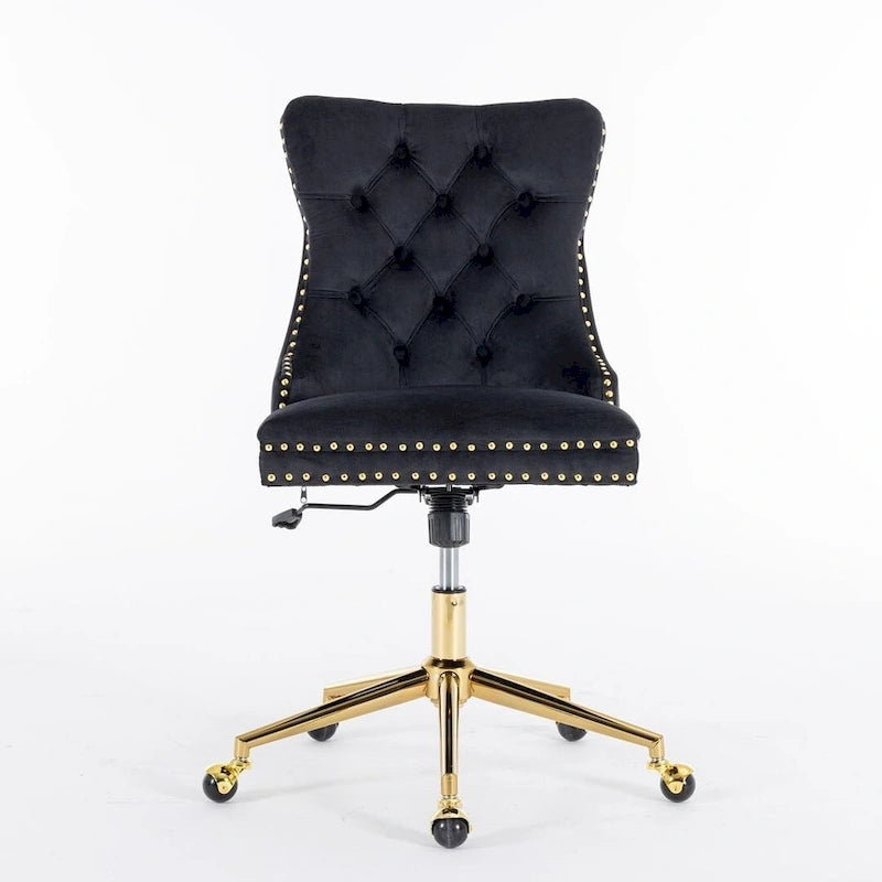 Chaise de bureau pivotante en velours capitonné avec hauteur réglable et base dorée