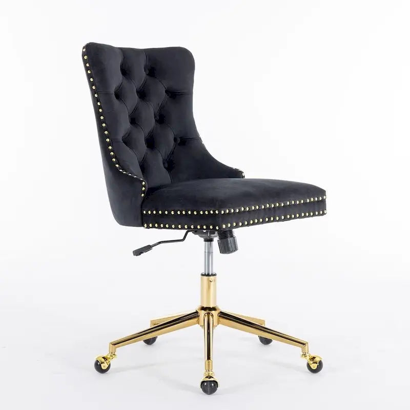 Chaise de bureau pivotante en velours capitonné avec hauteur réglable et base dorée