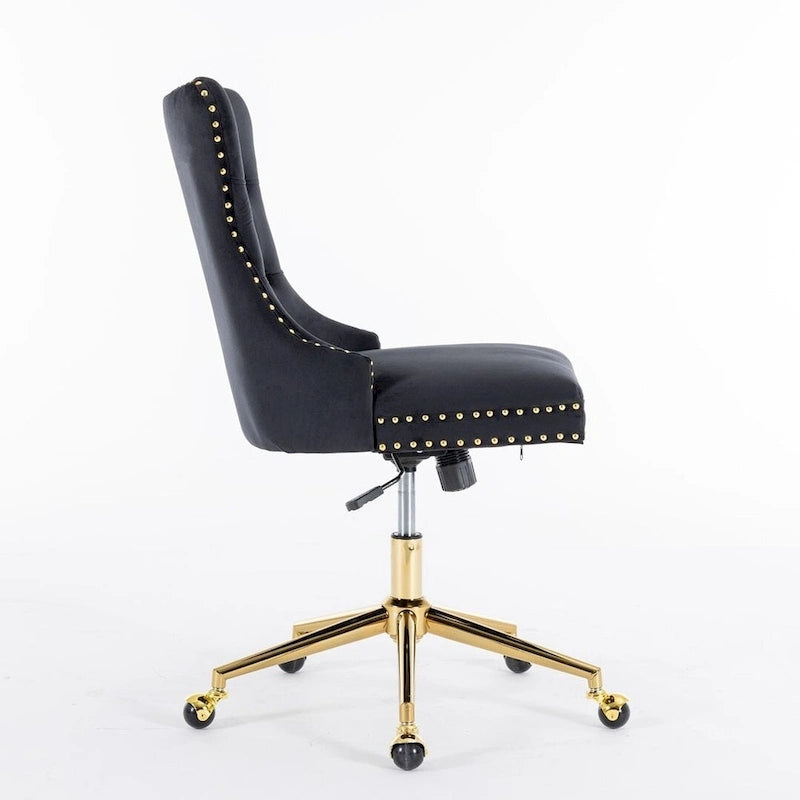 Chaise de bureau pivotante en velours capitonné avec hauteur réglable et base dorée