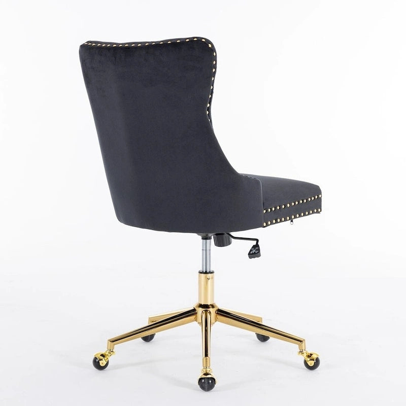 Chaise de bureau pivotante en velours capitonné avec hauteur réglable et base dorée