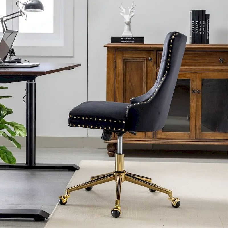 Chaise de bureau pivotante en velours capitonné avec hauteur réglable et base dorée