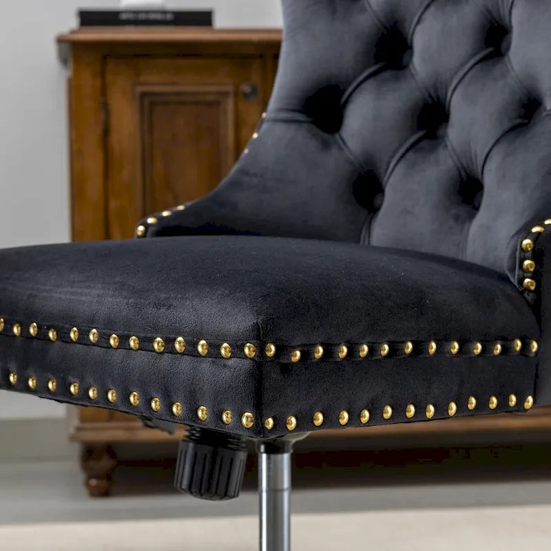 Chaise de bureau pivotante en velours capitonné avec hauteur réglable et base dorée