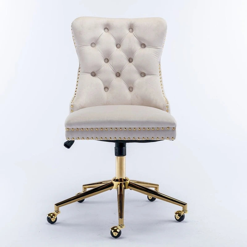 Chaise de bureau pivotante en velours capitonné avec hauteur réglable et base dorée