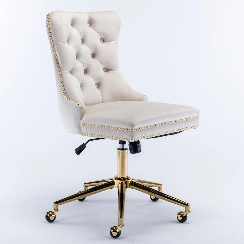 Chaise de bureau pivotante en velours capitonné avec hauteur réglable et base dorée