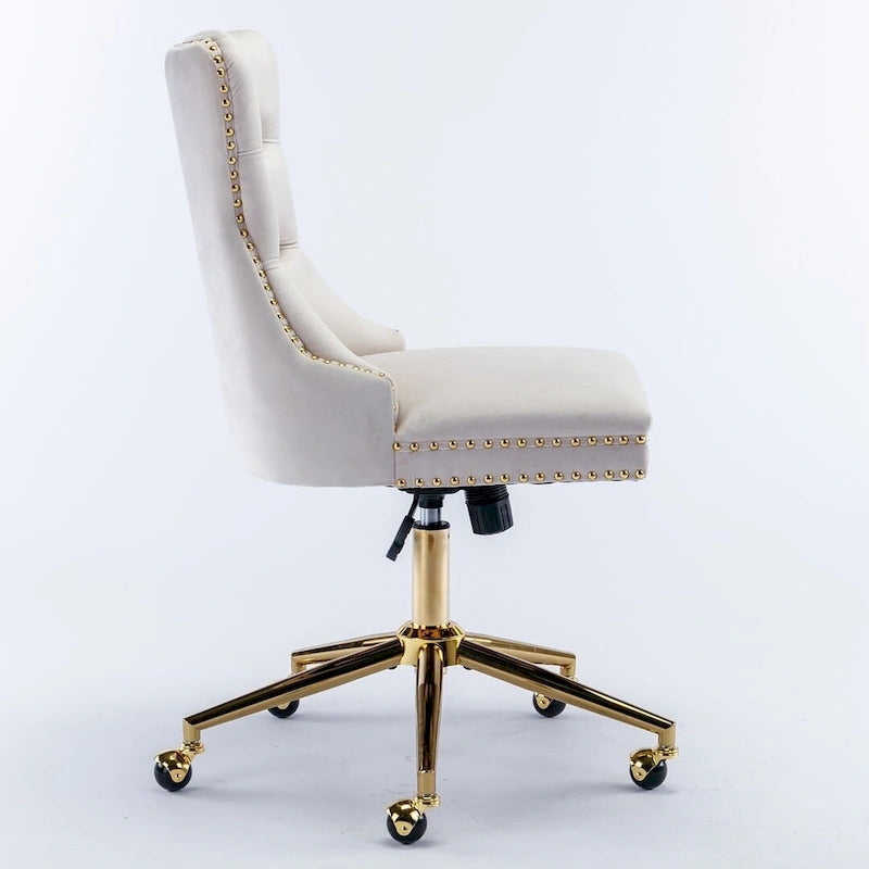 Chaise de bureau pivotante en velours capitonné avec hauteur réglable et base dorée