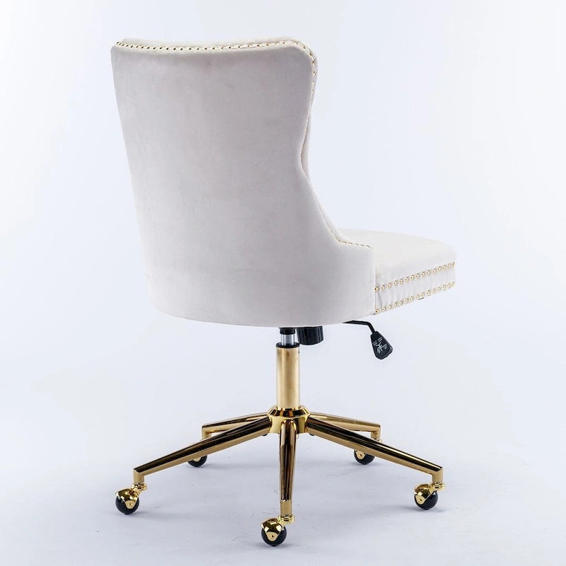 Chaise de bureau pivotante en velours capitonné avec hauteur réglable et base dorée