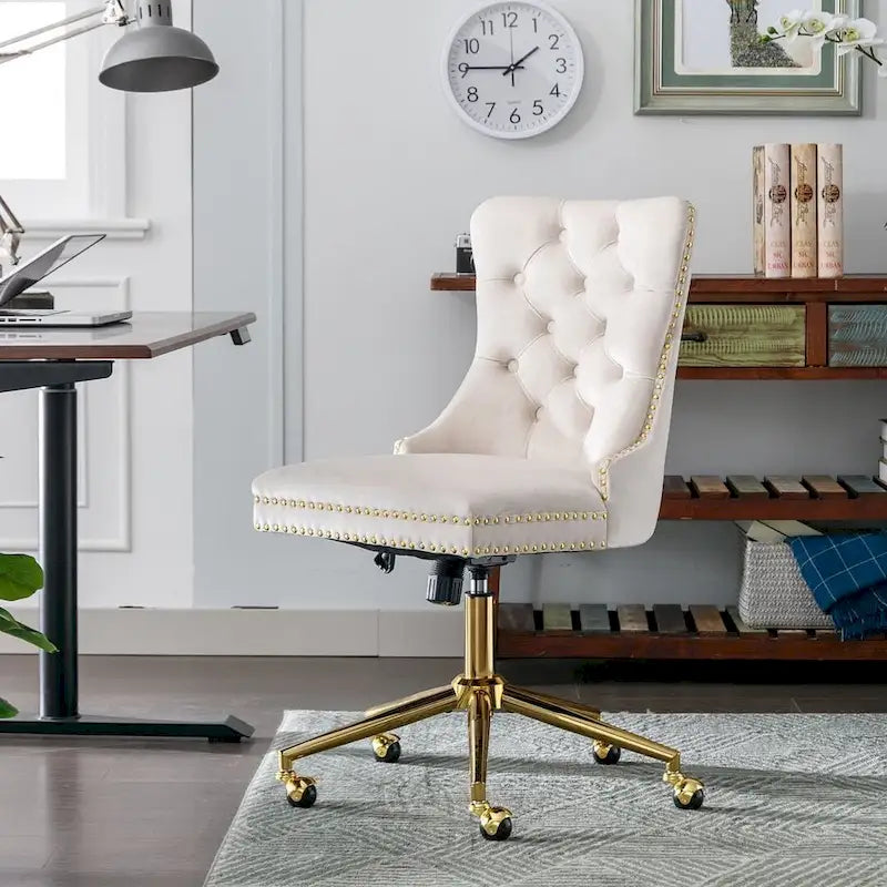 Chaise de bureau pivotante en velours capitonné avec hauteur réglable et base dorée
