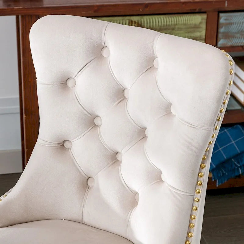 Chaise de bureau pivotante en velours capitonné avec hauteur réglable et base dorée