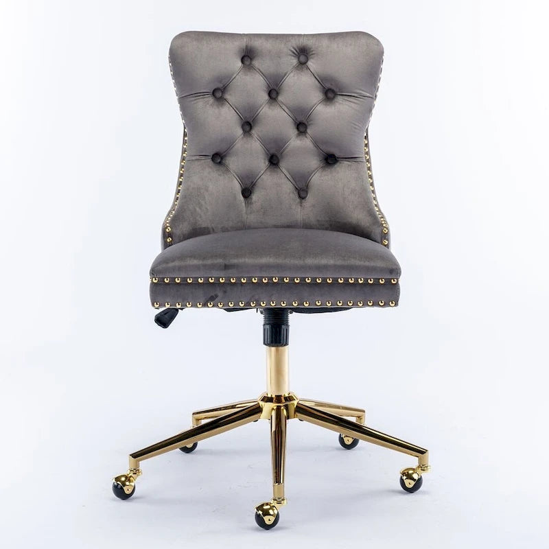 Chaise de bureau pivotante en velours capitonné avec hauteur réglable et base dorée