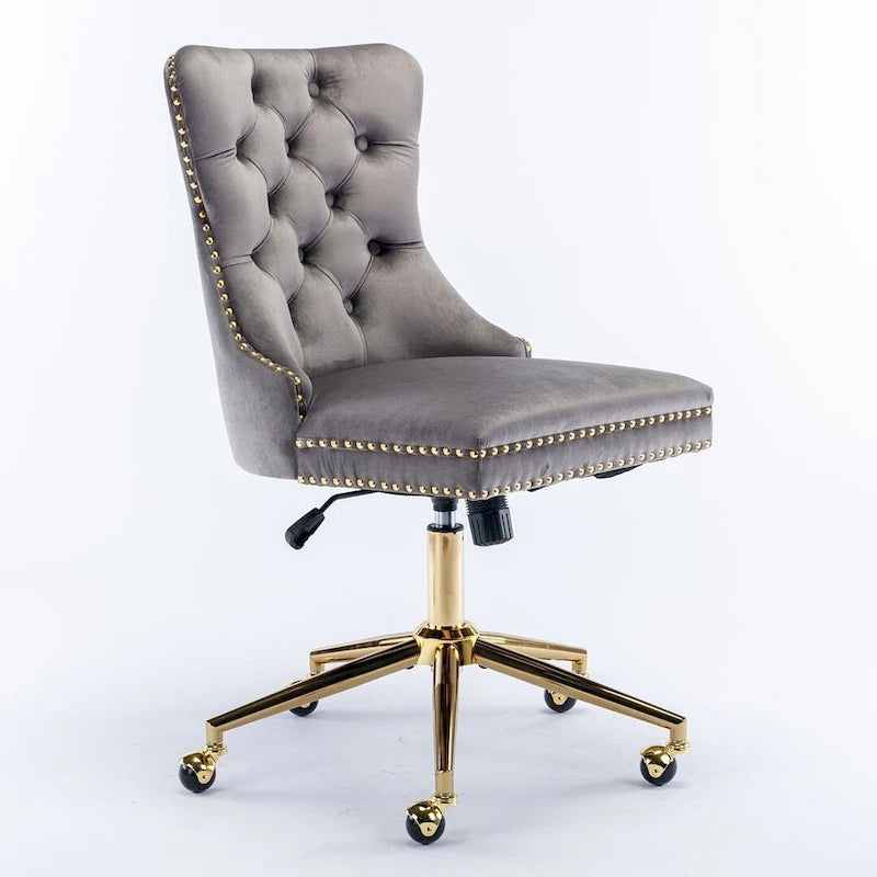 Chaise de bureau pivotante en velours capitonné avec hauteur réglable et base dorée