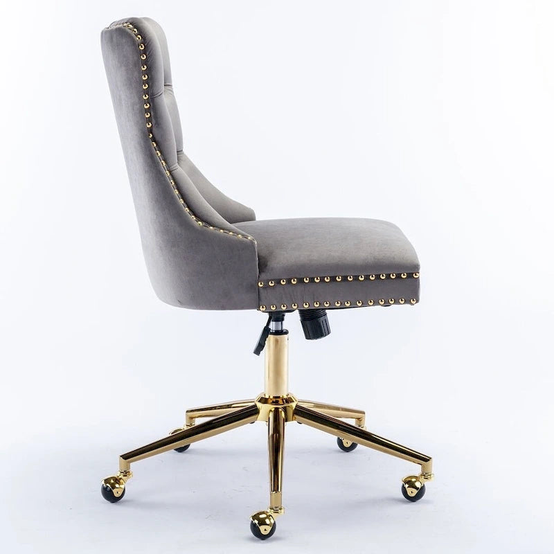 Chaise de bureau pivotante en velours capitonné avec hauteur réglable et base dorée