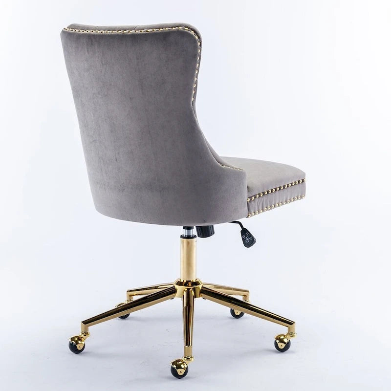 Chaise de bureau pivotante en velours capitonné avec hauteur réglable et base dorée