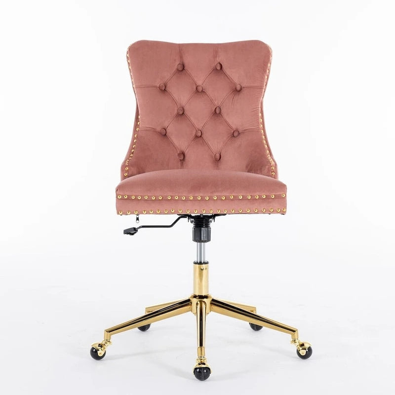 Chaise de bureau pivotante en velours capitonné avec hauteur réglable et base dorée
