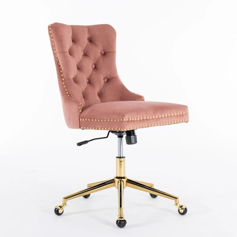 Chaise de bureau pivotante en velours capitonné avec hauteur réglable et base dorée
