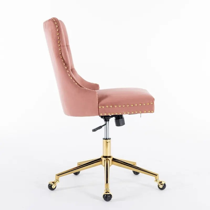 Chaise de bureau pivotante en velours capitonné avec hauteur réglable et base dorée