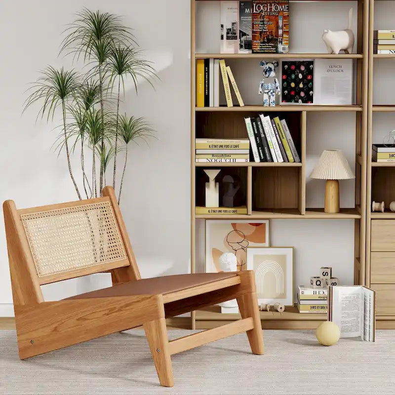 Fauteuil d'appoint sans accoudoirs en rotin avec structure en bois de chêne et assise coussinée