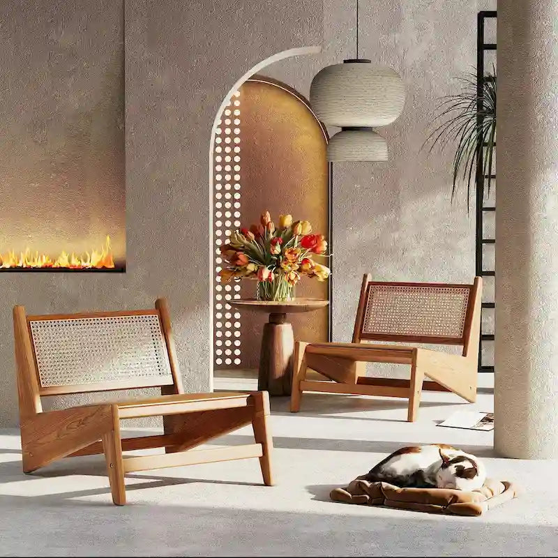 Fauteuil d'appoint sans accoudoirs en rotin avec structure en bois de chêne et assise coussinée