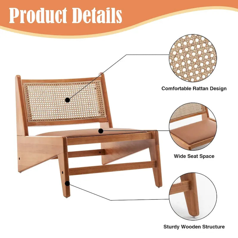 Fauteuil d'appoint sans accoudoirs en rotin avec structure en bois de chêne et assise coussinée