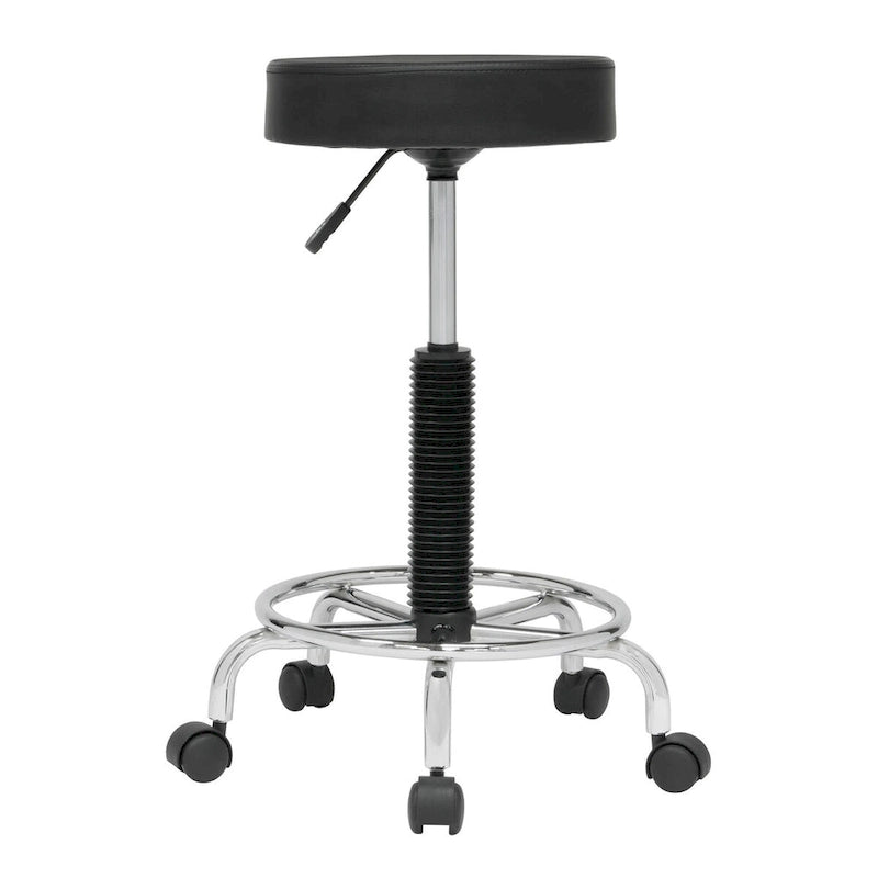 Tabouret roulant rembourré noir, réglable en hauteur, avec repose-pieds chromé