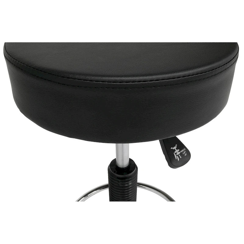Tabouret roulant rembourré noir, réglable en hauteur, avec repose-pieds chromé