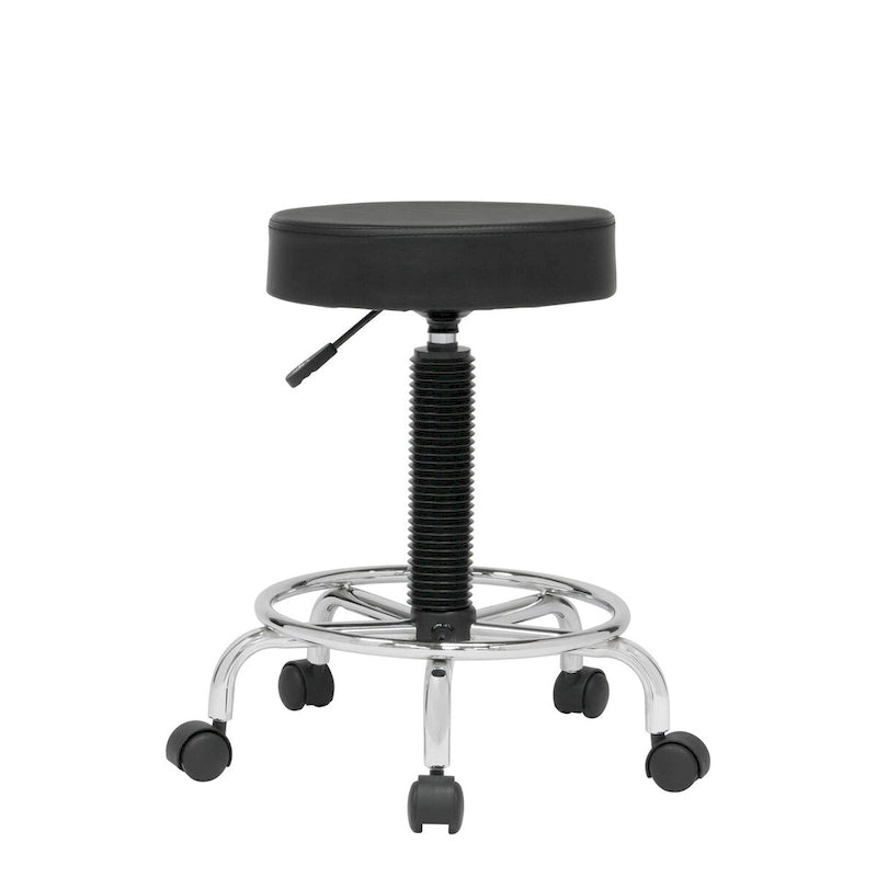 Tabouret roulant rembourré noir, réglable en hauteur, avec repose-pieds chromé