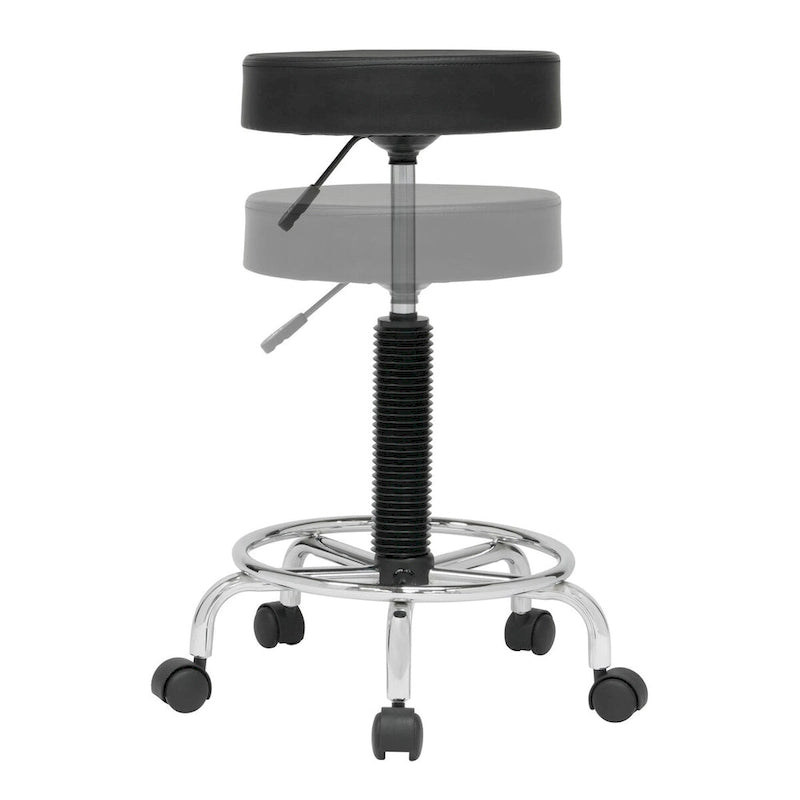 Tabouret roulant rembourré noir, réglable en hauteur, avec repose-pieds chromé